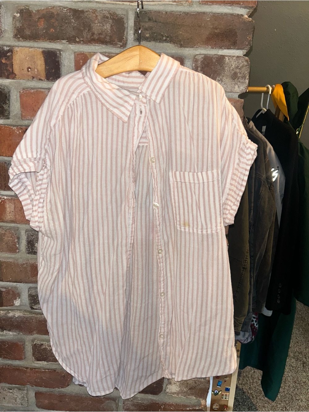 American Eagle Outfitters Light Pink and White Striped Short-Sleeve Button-Up